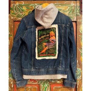Upcycled Denim Jacket with Hood| Vintage Artwork Applique| One of a Kind|